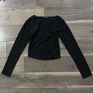 Brandy Melville Black Charlize Long Sleeve Cropped Top Smocked Bust Y2K One Size
